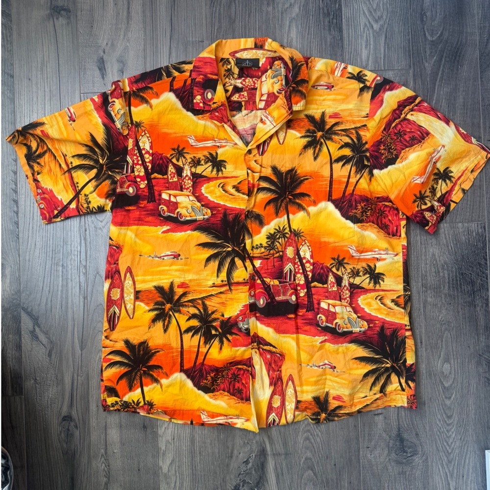 Royal Creations Mens XL Hawaiian Shirt‎ Aloha Tropical Surf Car Palm Trees